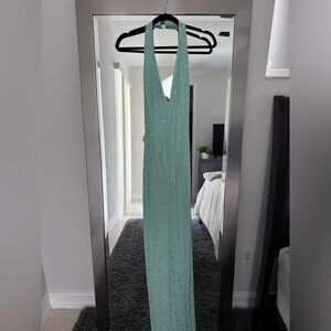 Fashion Nova Halter Rhinestone Teal Dress with Sheer Bottom